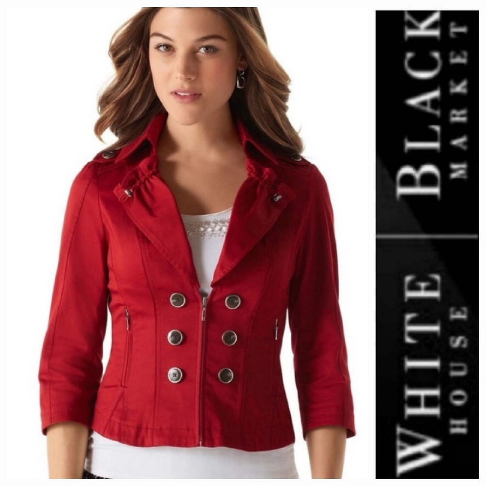 White House Black Market Red 3/4 Sleeve Military Jacket Blazer - 00 (XXS)